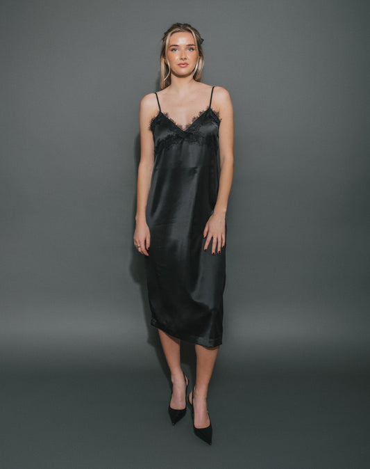 BTL Satin Maxi Dress W/Lace Applique